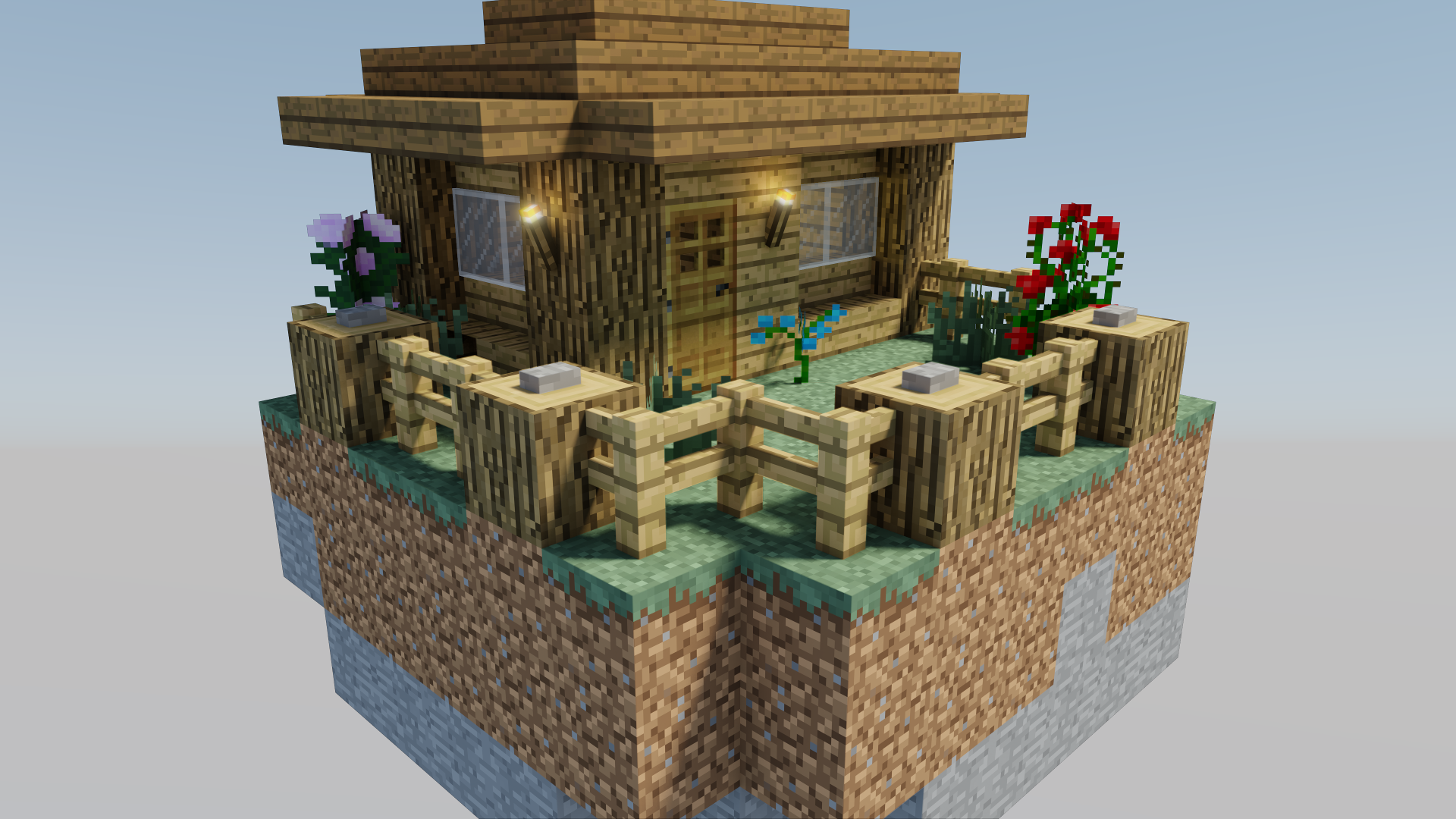 3D rendering, although it is indistinguishable from an ingame screenshot of Minecraft with shaders. It shows a rock floaing in the sky, with a small wooden house built on top of it. It has a garden with some flowers and a decorated fence.